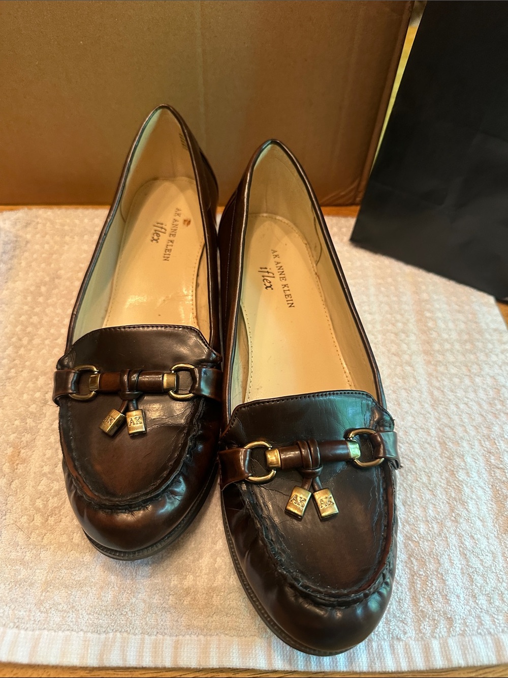 Anne Klein Dark Brown Leather Loafers with Gold Hardware - Picture 2 of 7